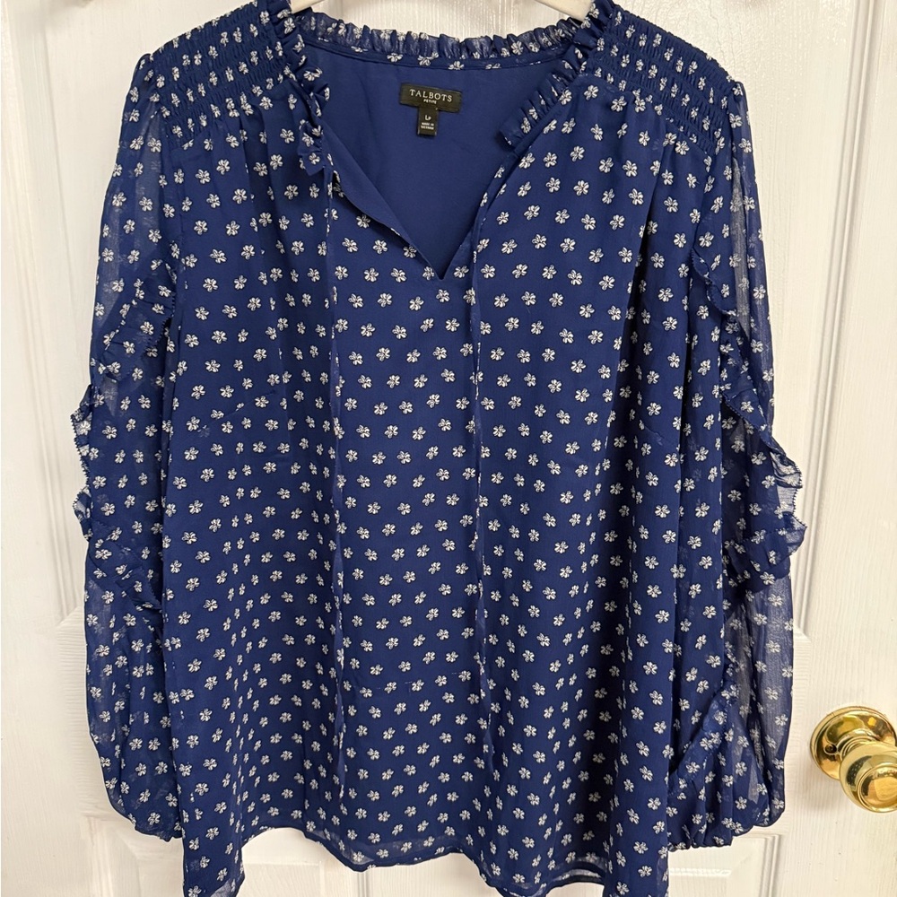 Talbots Blue Ruffled Long Sleeve Blouse sz Lp